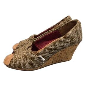 Toms Women’s Stella Tweed Cork Wedge Heels Open Toe Slip on Shoes Size 8.5